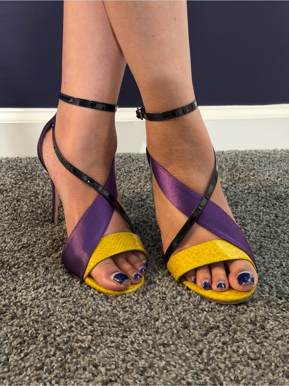 Paper Fox Purple and Yellow Satin Strappy High-Heel Sandals